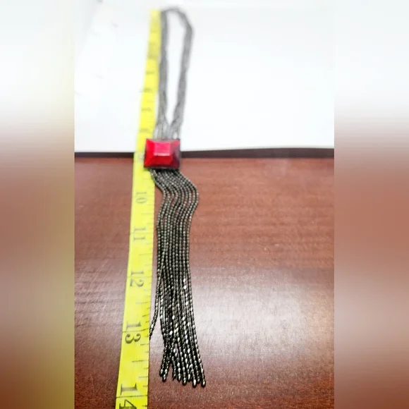 Vintage Gunmetal Ball Chain Multi Strand Y Drop Ruby Red Stone Goth Necklace - Picture 5 of 5